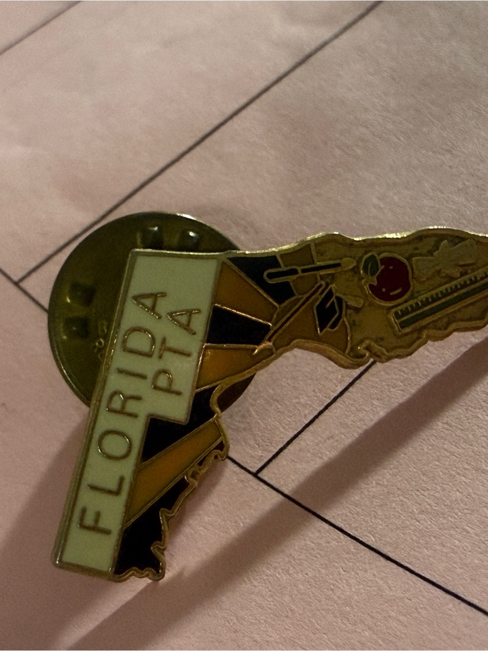 Florida PTA Gold Enamel State-Shaped Pin - Black, Cream, Red